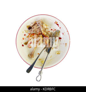 An empty plate, dirty after the meal is finished. Overhead View on a white background Stock Photo