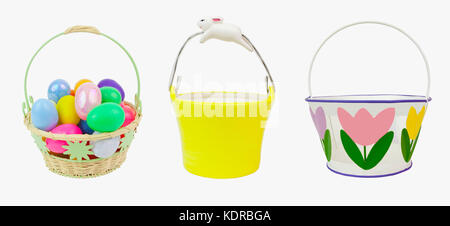 Three colorful Easter holiday baskets. Isolated. Stock Photo