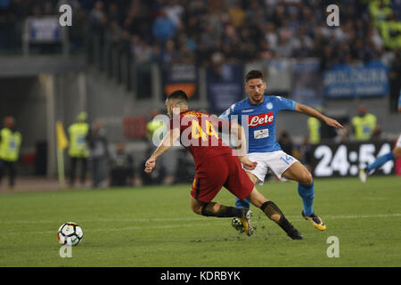 Italy-Rome October 14, 2017 A-Serie A football match at the Olympic Stadium between Rome and Naples. This evening they met in the so-called derby of the south Rome and Naples.  Rome:Kostas Manolos Naples: Dries Mertens Campionato italiano di serie A - Napoli Roma. Questa sera allo stadio olimpico di Roma le due squadre hanno dato vita al derby del sud, alla fine il Napoli per 0 a 1 restando in testa alla classifica del campionato con più 5 punti da secondo in classifica. Italian Championship Serie A - Napoli Roma. This evening, at the Olympic Stadium in Rome, the two teams gave birth to the so Stock Photo