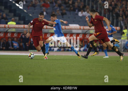 Italy-Rome October 14, 2017 A-Serie A football match at the Olympic Stadium between Rome and Naples. This evening they met in the so-called derby of the south Rome and Naples. Rome: Aleksandar Kolarov Naples: Dries Mertens Campionato italiano di serie A - Napoli Roma. Questa sera allo stadio olimpico di Roma le due squadre hanno dato vita al derby del sud, alla fine il Napoli per 0 a 1 restando in testa alla classifica del campionato con più 5 punti da secondo in classifica. Italian Championship Serie A - Napoli Roma. This evening, at the Olympic Stadium in Rome, the two teams gave birth to th Stock Photo