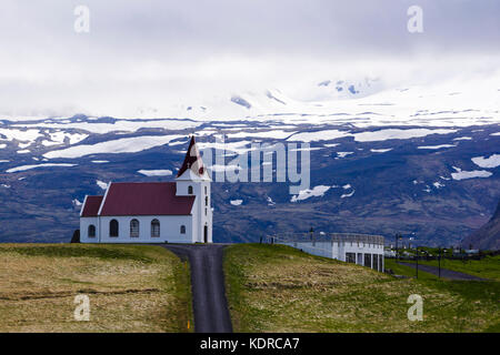 Ingjaldshólskirkja, built in 1903, oldest concrete church in Iceland. Ingjaldshóll, Snæfellsnes Peninsula, Iceland. Stock Photo