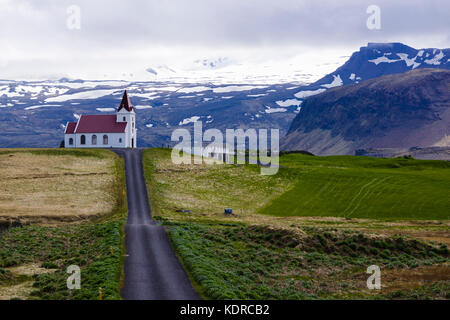 Ingjaldshólskirkja, built in 1903, oldest concrete church in Iceland. Ingjaldshóll, Snæfellsnes Peninsula, Iceland. Stock Photo