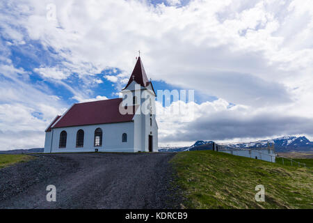 Ingjaldshólskirkja, built in 1903, oldest concrete church in Iceland. Ingjaldshóll, Snæfellsnes Peninsula, Iceland. Stock Photo