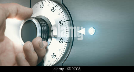 Close up of a hand unlocking a safe deposit box by turning a knob with numbers. Composite image between a hand photography and a 3D background. Stock Photo