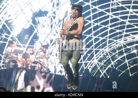 Rudolf Schenker of the Scorpions perfoms at the Oracle Arena on October 4, 2017 in Oakland, California. Stock Photo