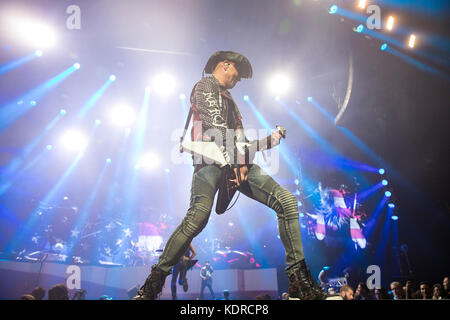 Rudolf Schenker of the Scorpions perfoms at the Oracle Arena on October 4, 2017 in Oakland, California. Stock Photo