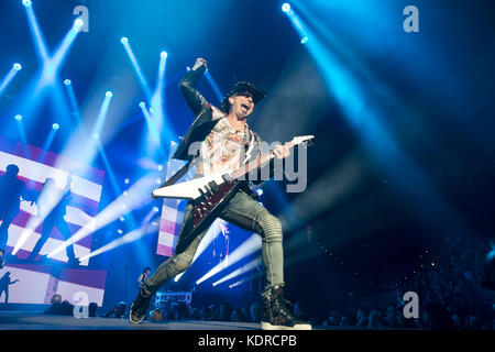 Rudolf Schenker  of the Scorpions perfoms at the Oracle Arena on October 4, 2017 in Oakland, California. Stock Photo