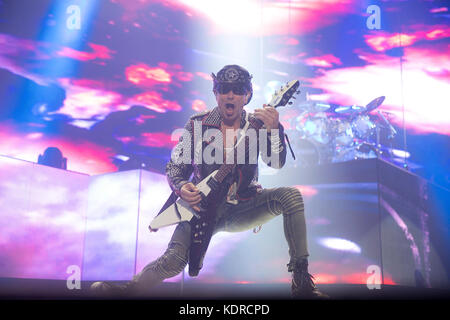 Rudolf Schenker  of the Scorpions perfoms at the Oracle Arena on October 4, 2017 in Oakland, California. Stock Photo