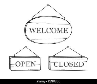 Welcome, open, closed plank sign set. Vintage doodle wooden signboards for shop, cafe, restaurant, store Stock Vector