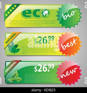 Set of Three Colorful Horizontal Headers, Buttons or Banners with Copyspace, for Web Store, Eco Friendly Five Star Product Online Sale, Best Buy Badge Stock Vector