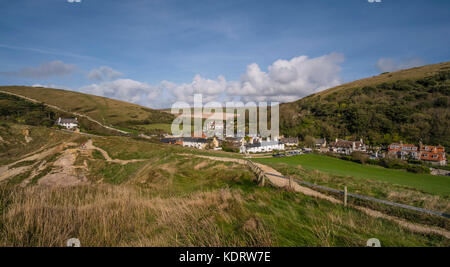 A wide angle view of West Lulworth valley, taken from Lulworth Cove, near Stair Hole on the Jurassic Coast, Dorset, England, UK Stock Photo