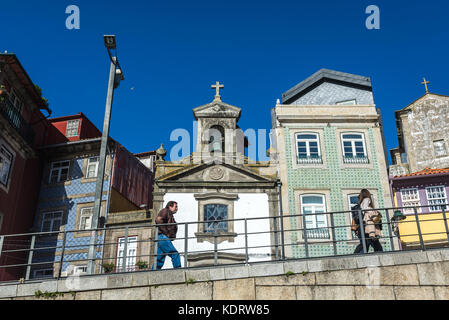 Capela da Lada chapel and houses on Cais da Ribeira street, Ribeira district in Porto city, second largest city in Portugal Stock Photo
