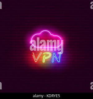VPN. Cloud. Neon sign, bright signboard, light banner. Stock Vector