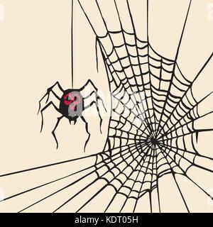 Spider with red scull on black body and web with inscription, woodcut style design, hand drawn doodle, sketch in pop art style, isolated color vector Stock Vector
