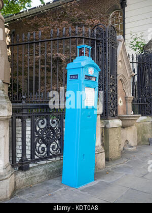 LONDON, UK - AUGUST 25, 2017:  Original blue police telephone on St Martin's Le Grand in the City of London.  Not in use now. Stock Photo