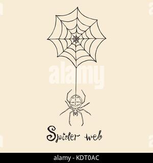 Spider and web with inscription, woodcut style design, hand drawn doodle, sketch in pop art style, isolated black and white vector illustration Stock Vector
