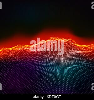 Abstract digital landscape with flowing particles and stars on h Stock Vector