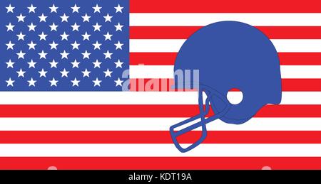Outline sketch of a football helmet in blue set on a Stars and Stripes background Stock Vector