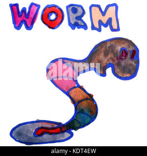 watercolor drawing kids cartoon worm on a white background Stock Photo