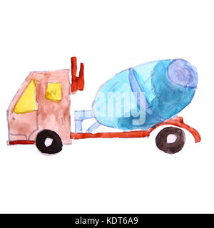 drawing cartoon kids watercolor concrete mixer on a white backgr Stock Photo