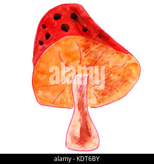 watercolor drawing a children cartoon mushroom on a white backgr Stock Photo