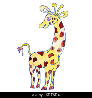 watercolor drawing kids cartoon giraffe on a white background Stock Photo