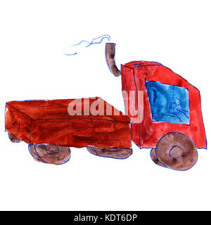 watercolor drawing kids cartoon truck on a white background Stock Photo