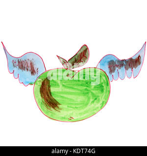 watercolor wings, apple drawing cartoon style isolated on a whit Stock Photo