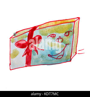 gift box drawing watercolor cartoon isolated on a white backgrou Stock Photo