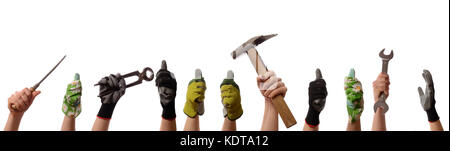 Female hands with tools and working gloves on a white background, women power conceptworktools Stock Photo