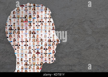 People Collage Superimposed Concept Photo On Human Face Stock Photo