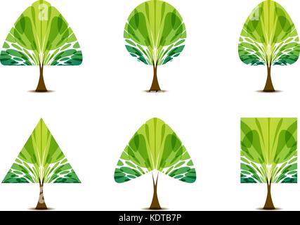 Green trees icon set with various foliage and crown shapes on white background Stock Vector