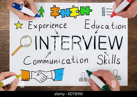 High Angle View Of Businesspeople Working On Interview Concept Using Colorful Marker On Wooden Desk Stock Photo
