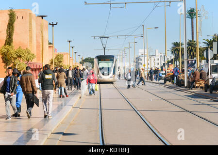 Rabat, Morocco - Jan 17, 2017: Modern tram in the centre city near Medina.Rabat-Sale tramway is tram system in Rabat and Sale opened on 23 May 2011 Stock Photo