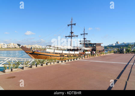 Rabat, Morocco - Jan 17, 2017: Restaurant bar lounge Le Dhow on the wooden boat at harbor Stock Photo