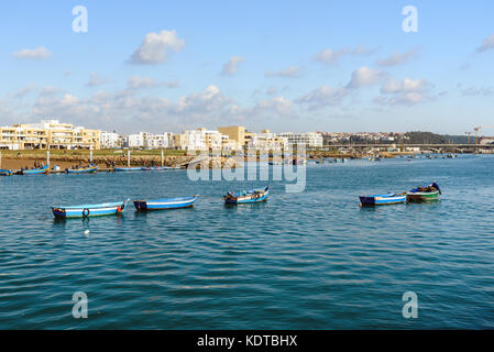 Rabat, Morocco - Jan 17, 2017: Fishing blue wooden boats on Bou Regreg river Stock Photo