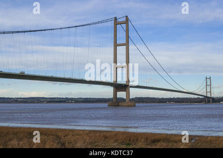 Humber Suspension Bridge, crossing the River Humber Estuary, Between North Lincolnshire and East Yorkshire, England, UK Stock Photo