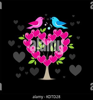 Love tree with two birds on black background Stock Vector