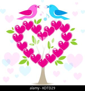 Love tree with two birds on white background, Valentines day background with pink heart leaves Stock Vector