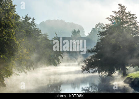 Early-morning mist on river Claise, Preuilly-sur-Claise, France. Stock Photo