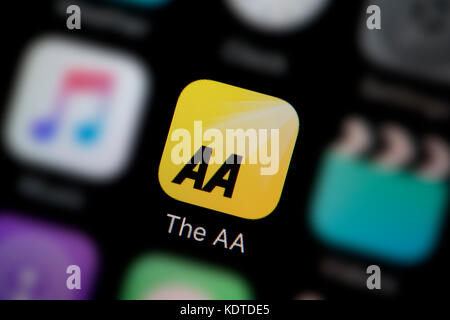 A close-up shot of the logo representing the AA app icon, as seen on the screen of a smart phone (Editorial use only) Stock Photo