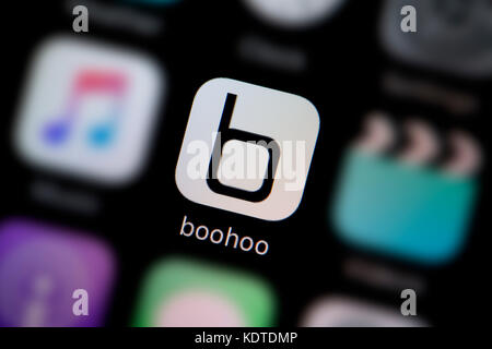 A close-up shot of the logo representing the Boohoo app icon, as seen on the screen of a smart phone (Editorial use only) Stock Photo