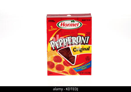 Unopened package of the Original Hormel Pepperoni on white background, USA Stock Photo