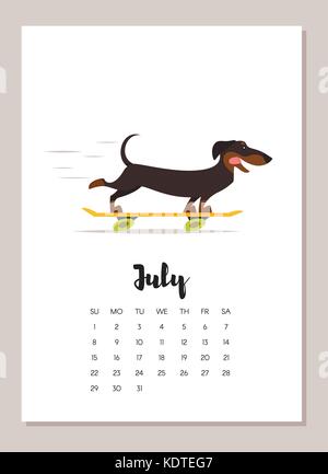 Vector cartoon style illustration of July dachshund dog 2018 year calendar page. Isolated on white background. Template for print. Stock Vector