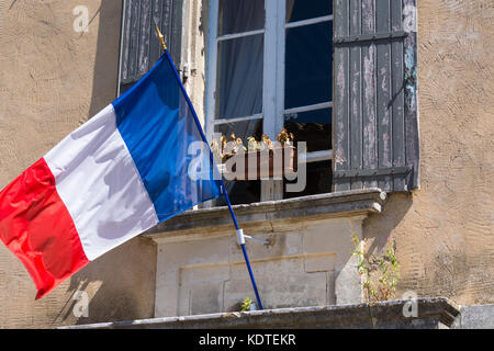 Flag of France (French: Drapeau français) is a tricolour flag featuring three vertical bands coloured blue (hoist side), white, and red. Oudoors, blue Stock Photo