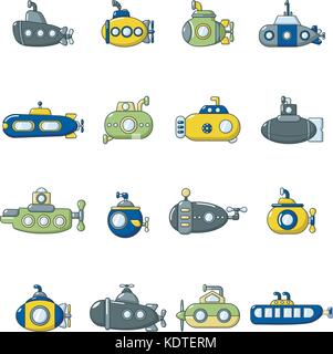 Submarine icons set, cartoon style Stock Vector