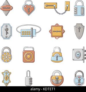 Lock door types icons set, cartoon style Stock Vector