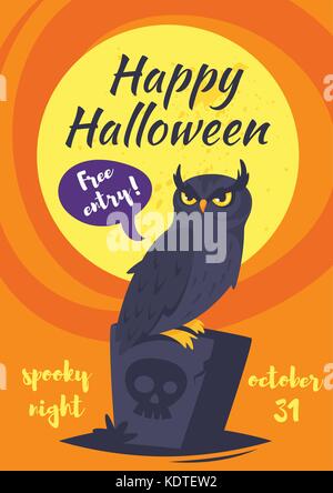 Vector cartoon style Halloween poster design template with holiday symbols owl sitting on the tomb. Stock Vector