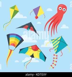 Vector flat style set of kites in the sky with clouds. Isolated on blue background. Stock Vector