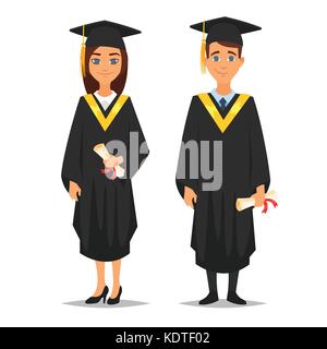 Vector cartoon style characters young proud man and woman graduates, isolated on white background Stock Vector